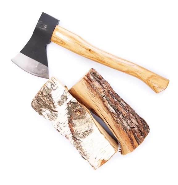 Ax and firewood, isolated on white — Stock Photo, Image