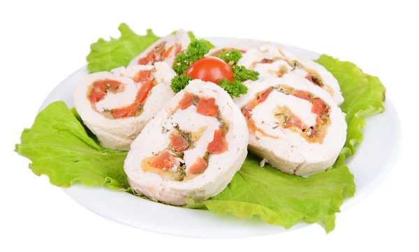 Delicioso rollo de pollo en plato aislado en blanco — Foto de Stock