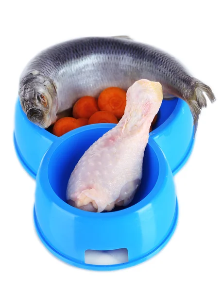 Alimentos naturais para animais de estimação em tigelas de plástico isoladas em branco — Fotografia de Stock