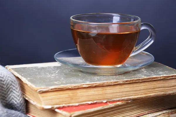 Tasse de thé chaud sur des livres avec plaid sur fond sombre — Photo