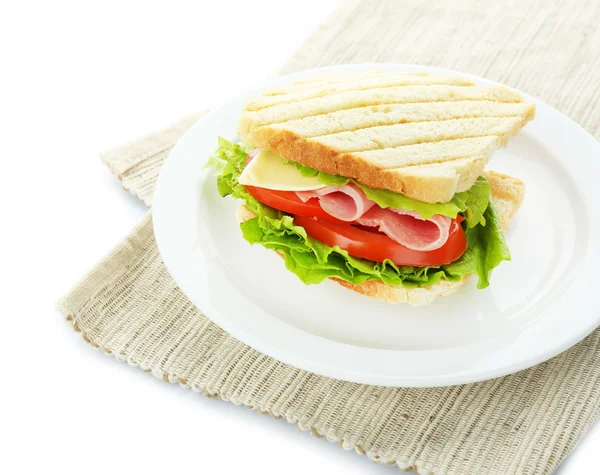 Sanduíche saboroso com presunto, isolado em branco — Fotografia de Stock