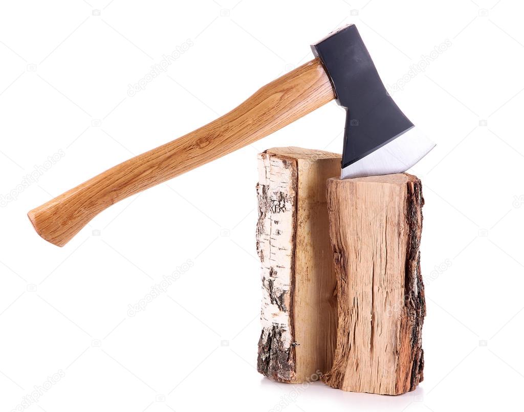 Ax and firewood, isolated on white