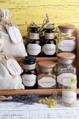 tarihi eski eczane şişe etiketi renk ahşap zemin üzerinde