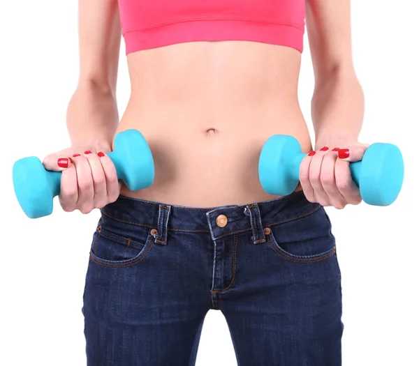 Young beautiful fitness girl exercising with dumbbells, close-up, isolated on white — Stock Photo, Image