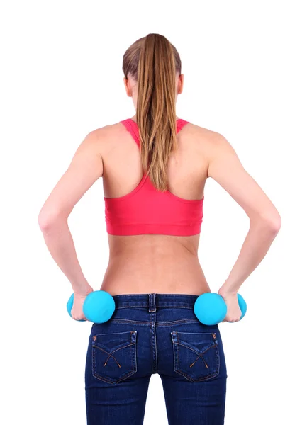 Jeune belle fille de remise en forme faisant de l'exercice avec haltères, gros plan, isolé sur blanc — Photo