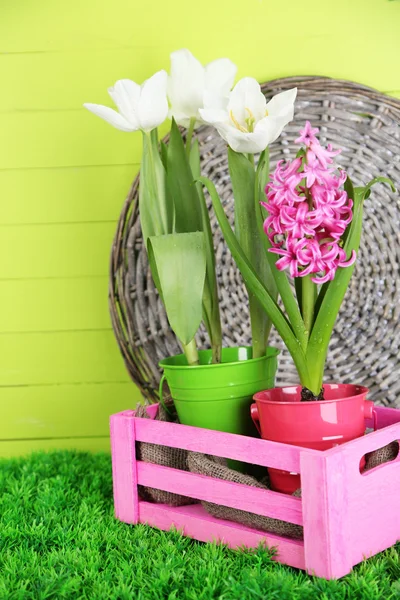 Beautiful tulips and hyacinth flower on  wooden box on color wooden background — Stock Photo, Image