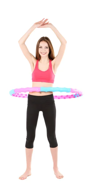 Frau macht Übungen mit Hula-Hoop-Reifen isoliert auf weiß — Stockfoto