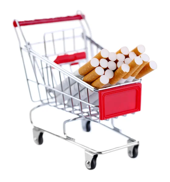 Cigarettes in shopping cart isolated on white — Stock Photo, Image