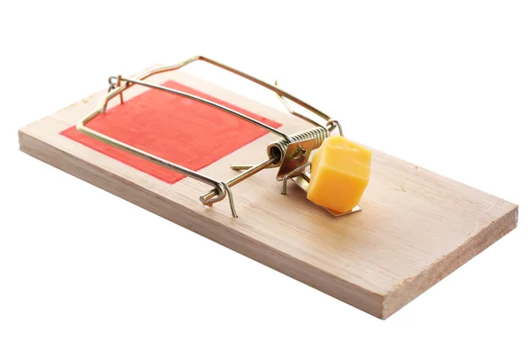 Mousetrap met kaas geïsoleerd op wit — Stockfoto