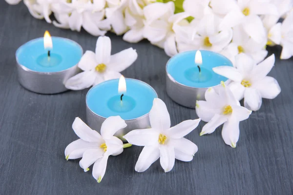 Jacinto blanco con velas sobre fondo de madera —  Fotos de Stock