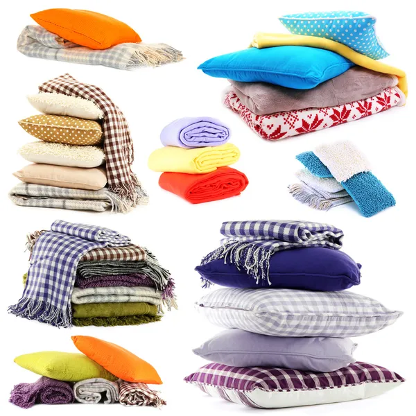 Collage de cuadros y almohadas de color aisladas en blanco — Foto de Stock