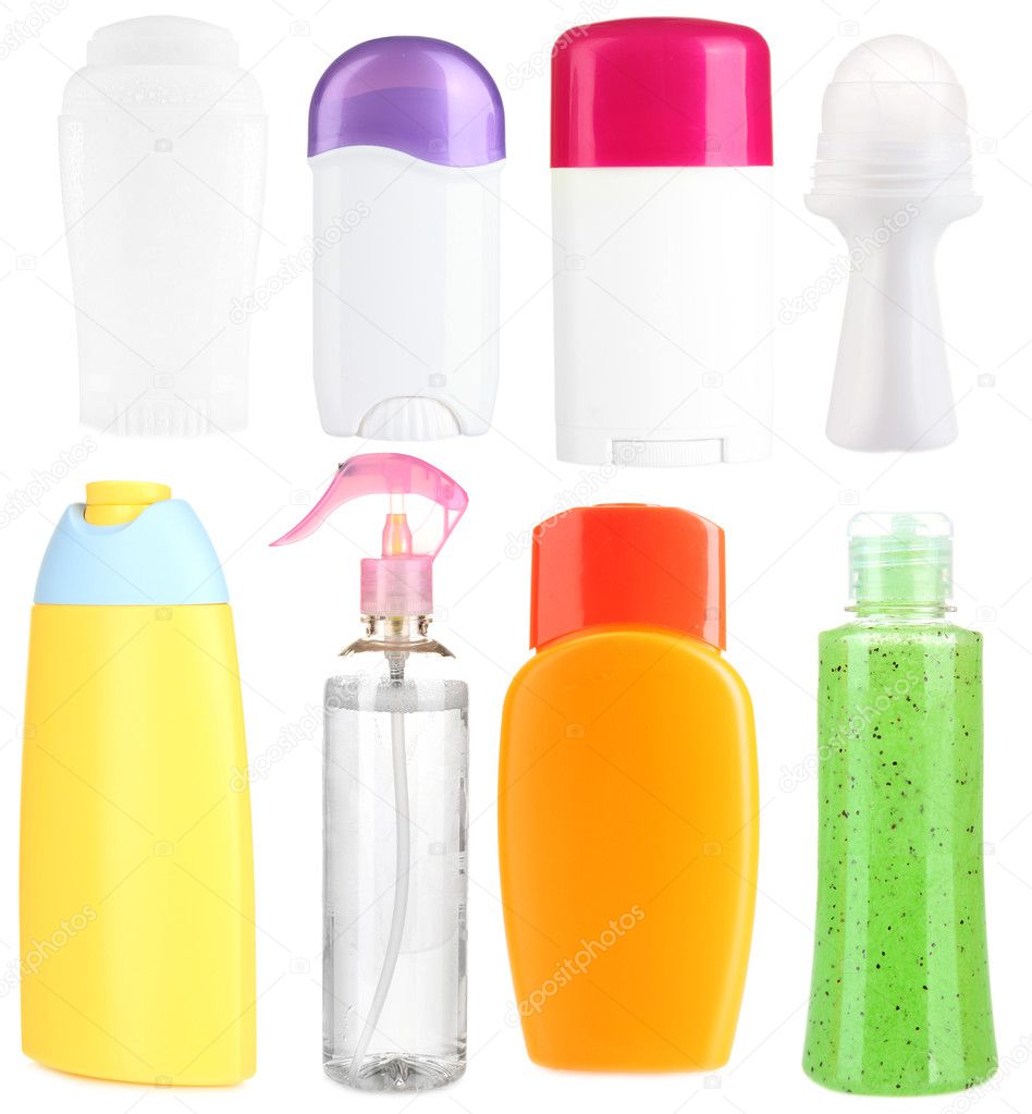 Collage of cosmetic bottles isolated on white