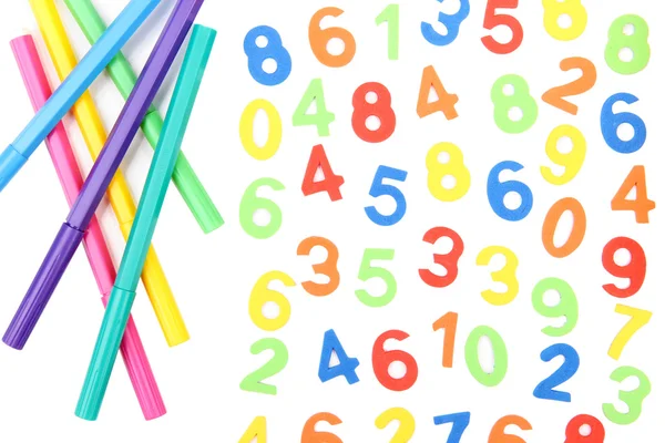 Colorful numbers and markers, isolated on white — Stock Photo, Image