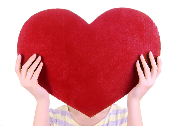 Vrouwelijke houden grote rode hart geïsoleerd op wit — Stockfoto
