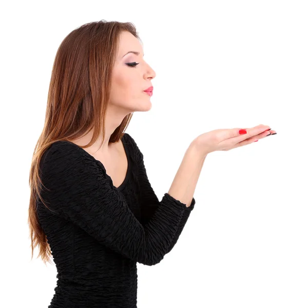 Attractive woman blowing kiss, isolated on white — Stock Photo, Image