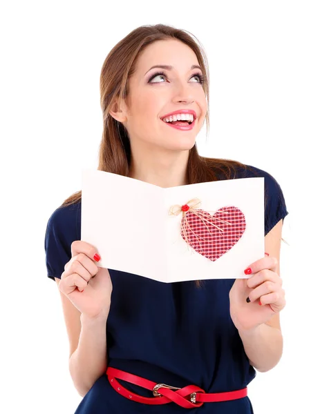 Mulher atraente com cartão postal, isolado em branco — Fotografia de Stock