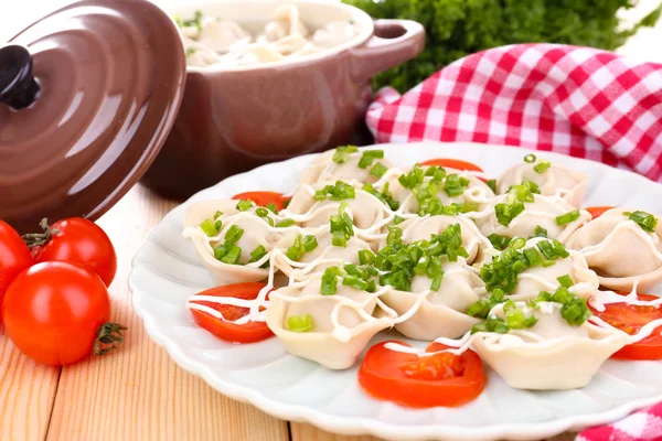 Meat dumplings - russian boiled pelmeni close up — Stock Photo, Image