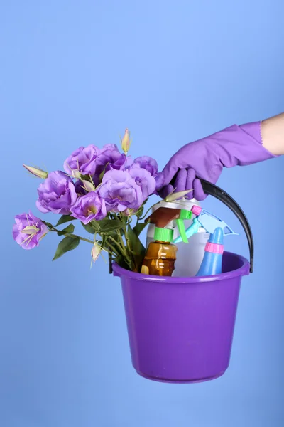 Ama de casa sosteniendo cubo con equipo de limpieza sobre fondo de color. Foto conceptual de la limpieza de primavera . — Foto de Stock