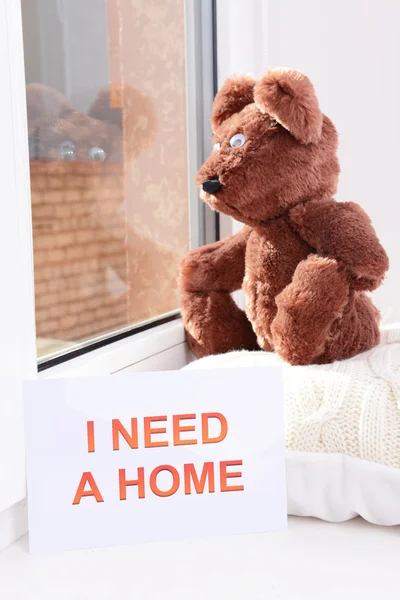 Toy-bear looking out window close-up — Stock Photo, Image