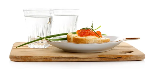 Sandwich with caviar and vodka on wooden board isolated on white — Stock Photo, Image