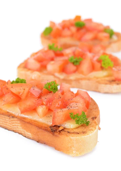 흰색 절연 토마토와 맛 있는 브루 쉐 타 — 스톡 사진