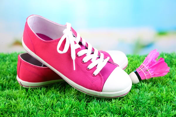 Beautiful gumshoes and shuttlecocks on green grass on bright background — Stock Photo, Image