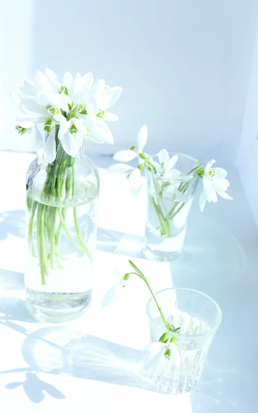 Beautiful bouquets of snowdrops in vases on windowsill — Stock Photo, Image