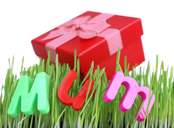 Gift box voor mama op gras close-up — Stockfoto