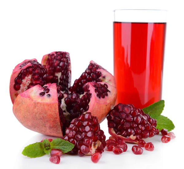 Ripe pomegranates with juice isolated on white — Stock Photo, Image