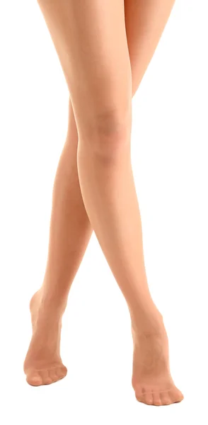 Bas sur des jambes de femme parfaites, isolés sur du blanc — Photo