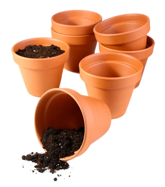 Clay flower pots and soil, isolated on white — Stock Photo, Image