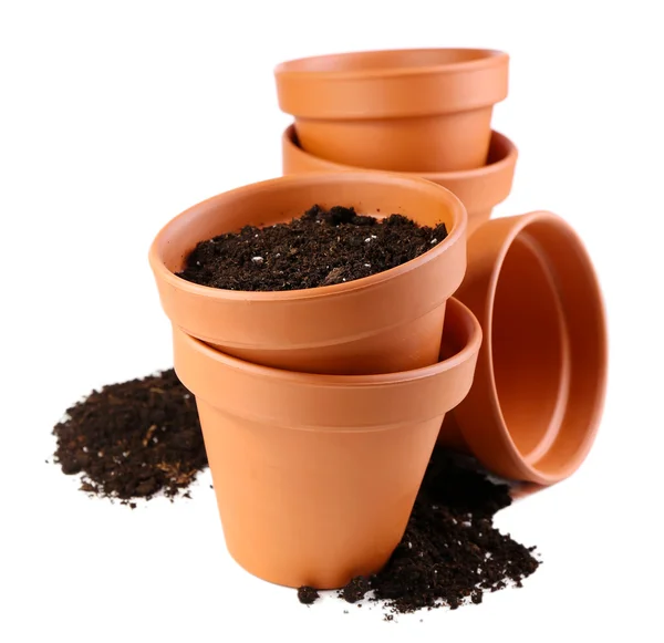 Clay flower pots and soil, isolated on white — Stock Photo, Image