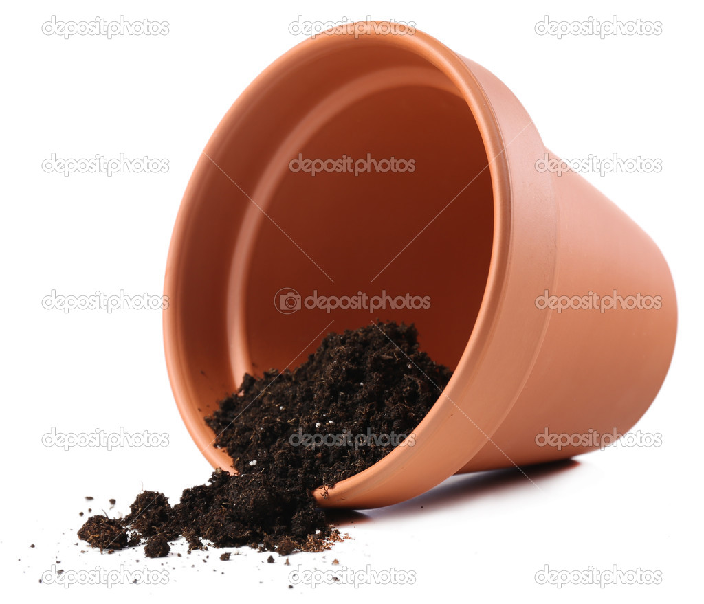 Clay flower pot with soil, isolated on white 