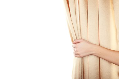 el üzerinde beyaz izole perde açılıyor 