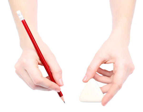 Menselijke handen met potlood en wissen rubber, geïsoleerd op wit — Stockfoto