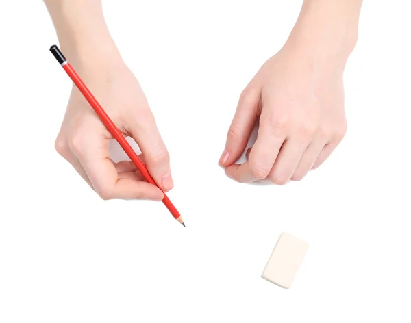 人类的手，用铅笔和擦除橡胶，孤立的白色衬底上 — 图库照片