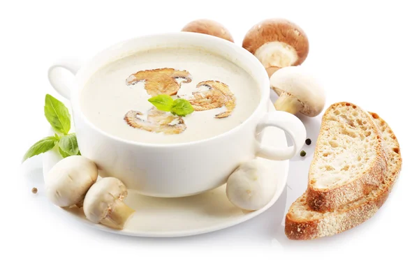 Mushroom soup in white bowl, on plate, isolated on white — Stock Photo, Image