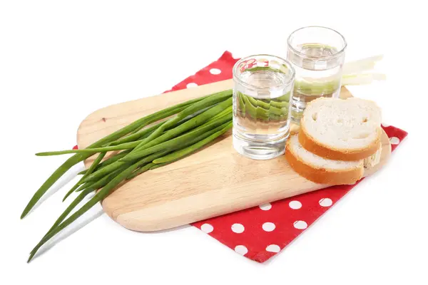 Glass of vodka and onion on wooden board isolated on white — Stock Photo, Image