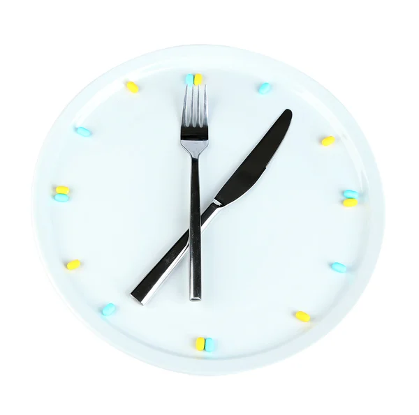 Horario de medicación y comidas. Foto conceptual. Aislado sobre blanco — Foto de Stock