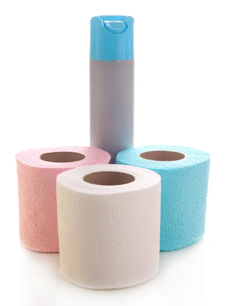 Colorful toilet paper rolls and air fresher, isolated on white — Stock Photo, Image