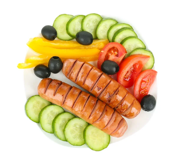 Grilled sausages with vegetables isolated on white — Stock Photo, Image