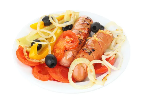 Grilled sausages with vegetables isolated on white — Stock Photo, Image