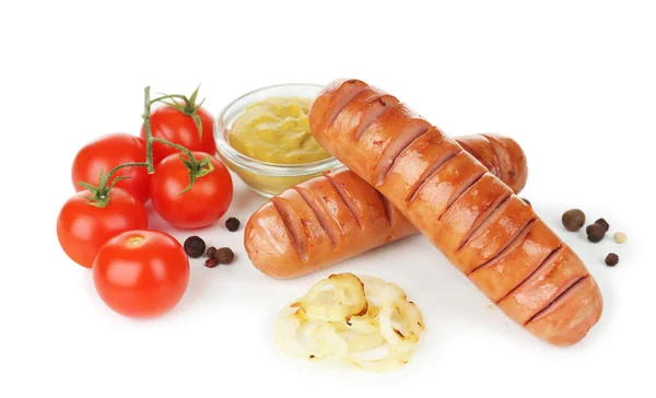 Grilled sausages with tomatoes and mustard isolated on white — Stock Photo, Image