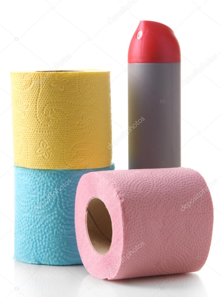Colorful toilet paper rolls and air fresher, isolated on white