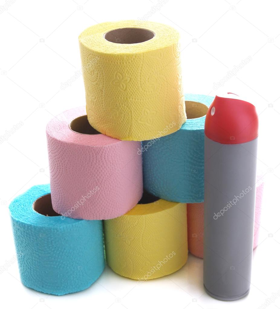 Colorful toilet paper rolls isolated on white