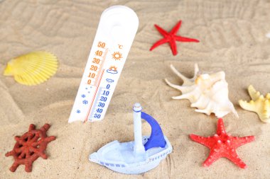 Thermometer  in sand on bright background clipart