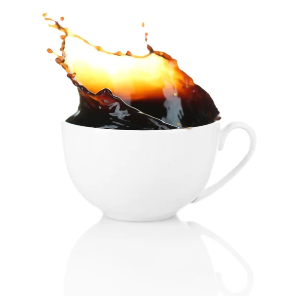 Cup of coffee with splash, isolated on white — Stock Photo, Image