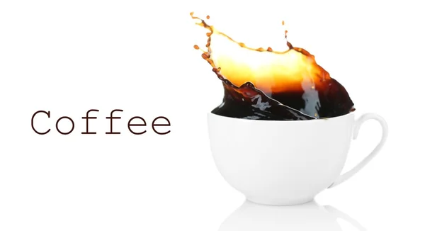 Kopje koffie met splash, geïsoleerd op wit — Stockfoto