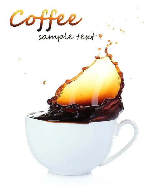 Cup of coffee with splash, isolated on white — Stock Photo, Image