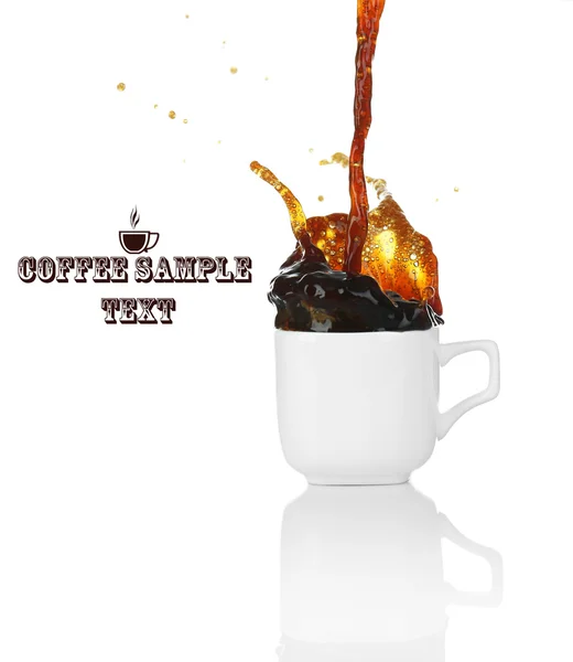 Pour coffee into cup with splash, isolated on white — Stock Photo, Image